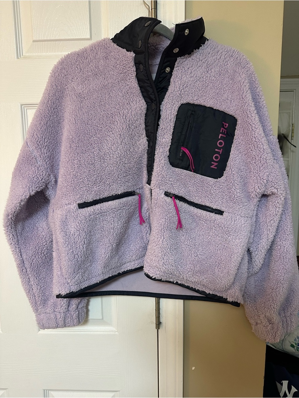 Peloton Lavender Teddy Sherpa Jacket with Black Pocket and Pink Accents